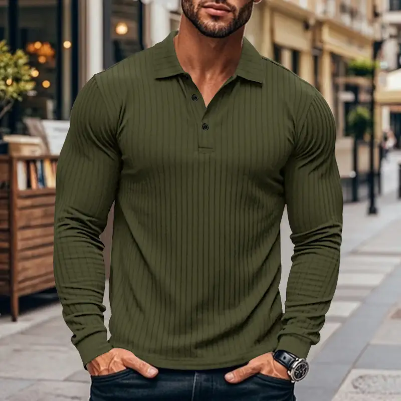 Ribbed Button Placket Spread Collar Polo Shirt