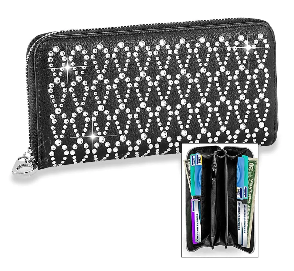 Timeless Detail Crystal Accent Faux Leather Zip Wallet