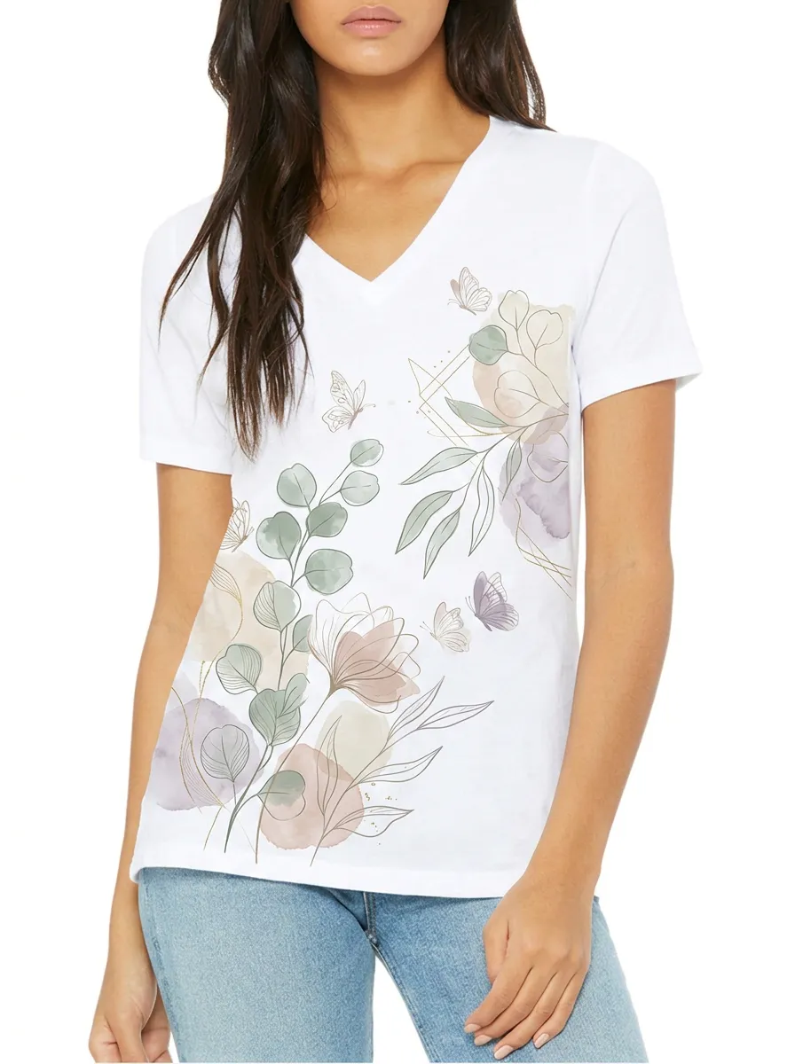 Women's Floral Butterfly Nature Lover Printed V-Neck T-Shirt