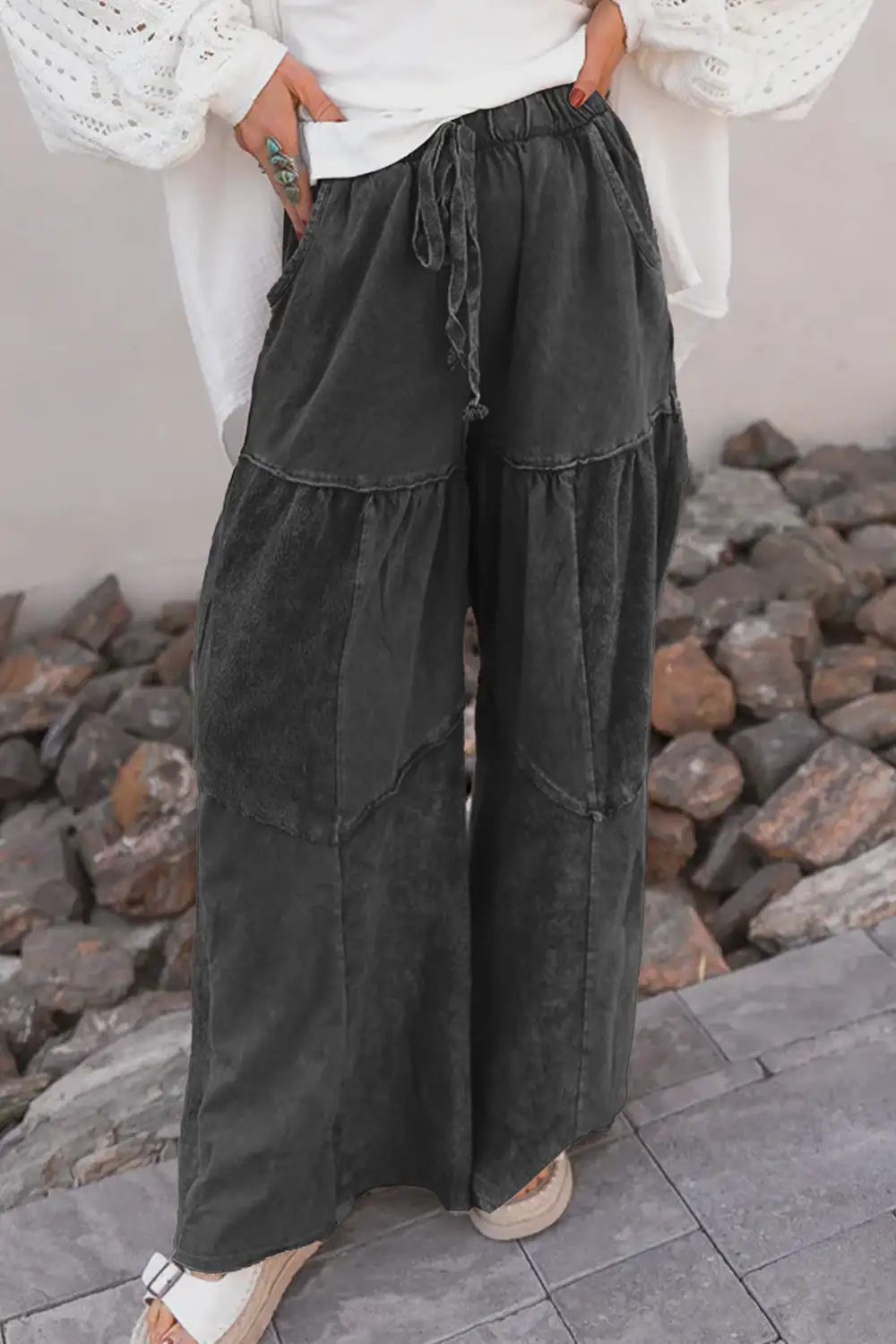 Wash Tiered Wide Leg Patchwork Drawstring Trousers