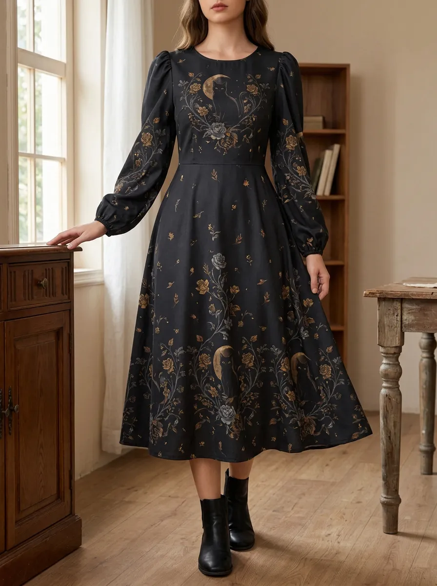 Women's Halloween Gothic Cat Moon Floral Printed Dress
