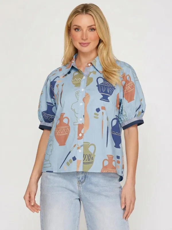 Women's Greek Pottery Art Lover Statue Printed Button-up Shirt