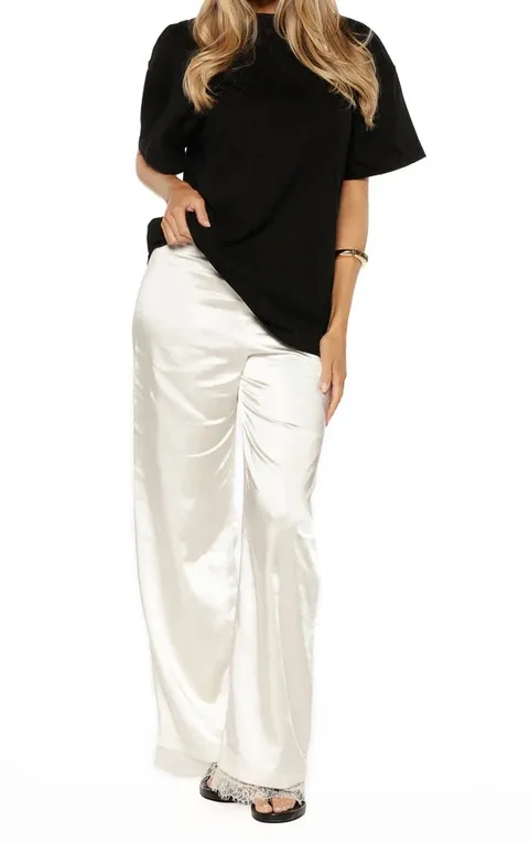Ivory Satin Lace-Trim Straight-Leg Pants