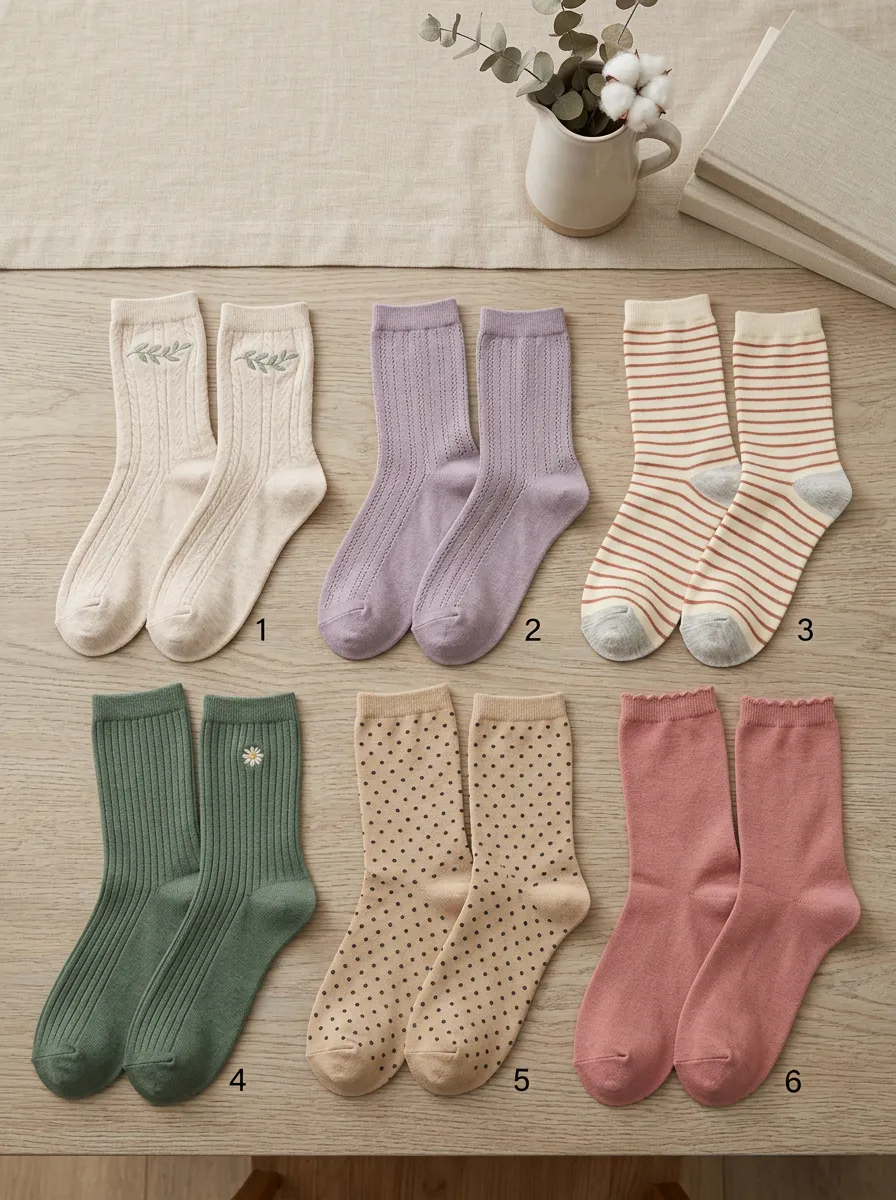 Women's Six-Pair Floral Embroidered Polka Dot Crew Socks Set