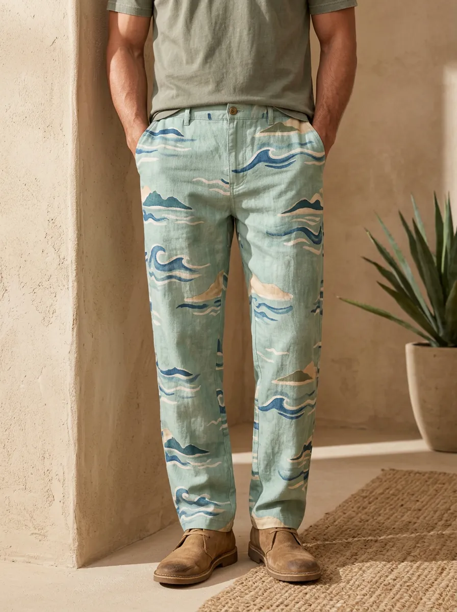 Men's Beach Lover Ocean Wave Mountain Printed Pants