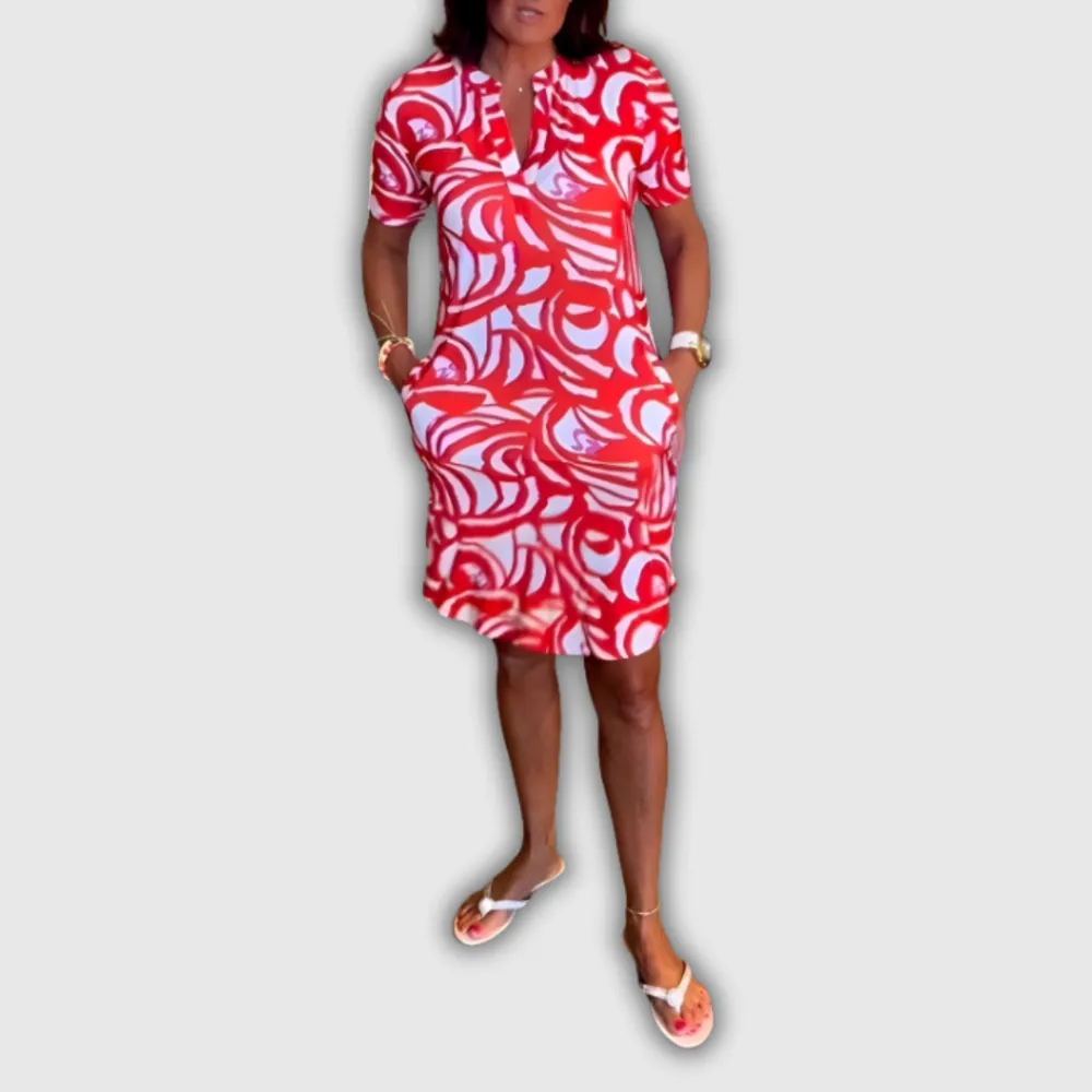 V-Neck Cotton Pocket Detail Casual Dress