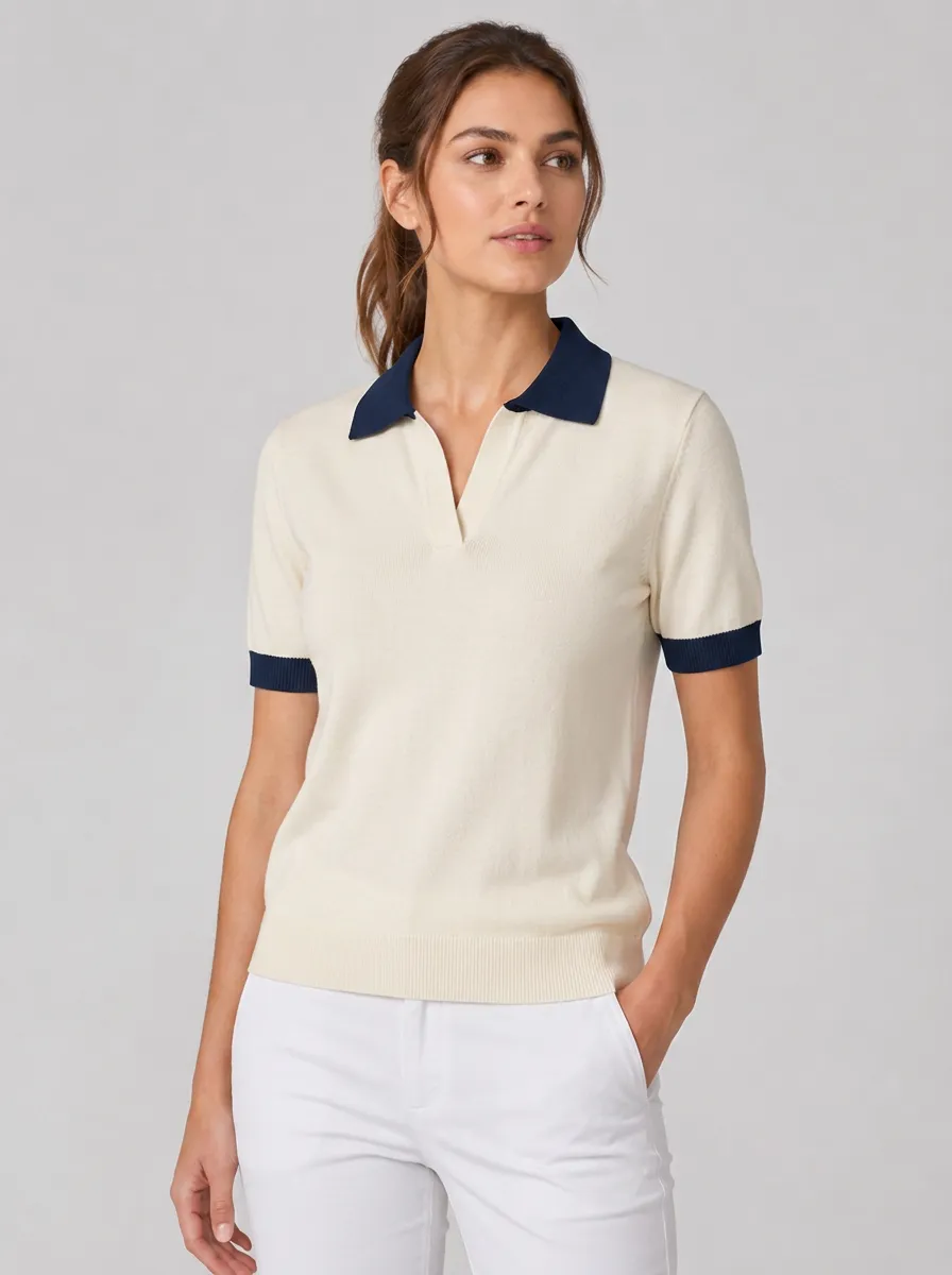 Women's Equestrian Lover Horse Pattern Printed and Contrast Trim Sweater Polo Shirt
