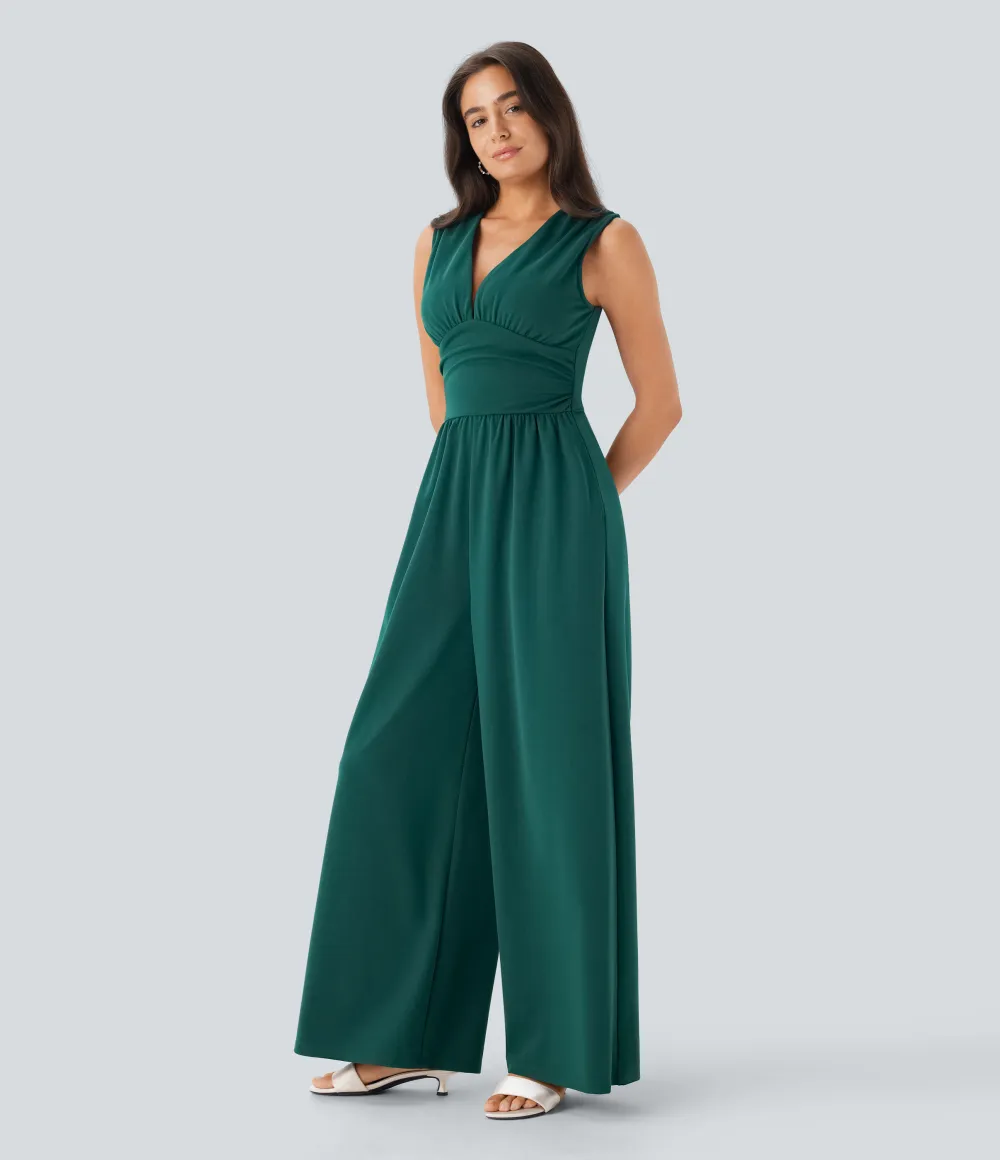 SculptKnit V Neck Sleeveless Ruched Pocket Jumpsuit-Easy Peezy