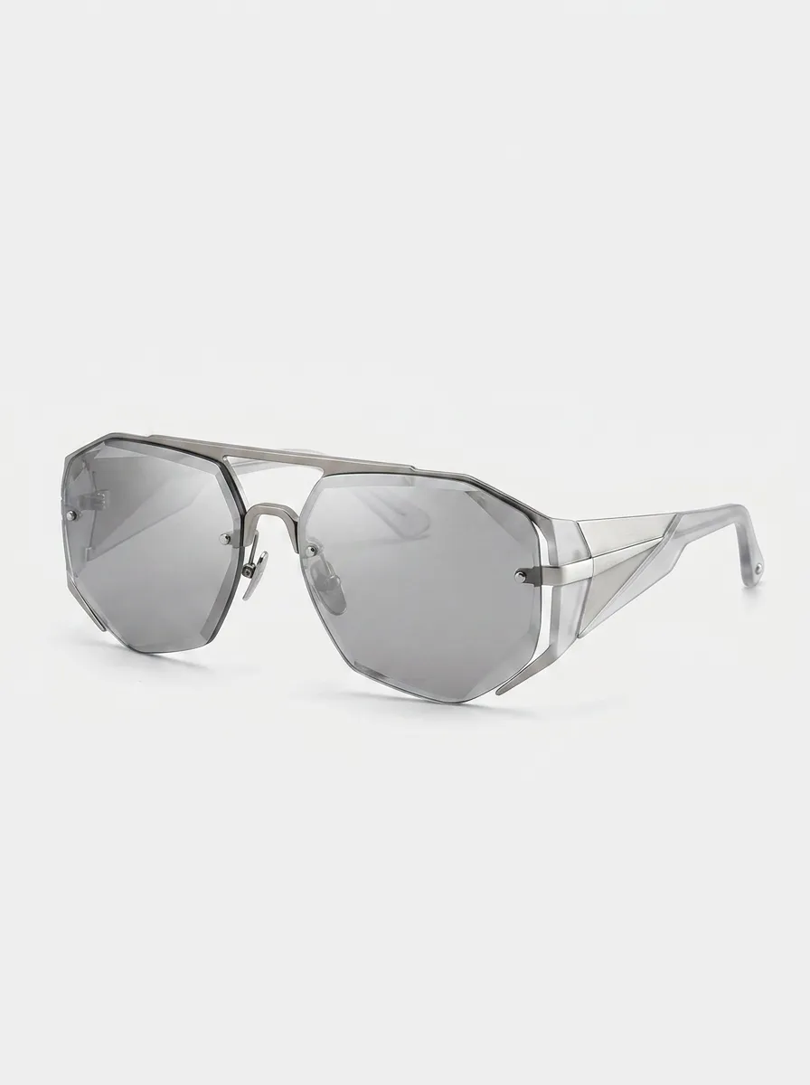 Unisex Futuristic Geometric Silver Mirrored Lens Sunglasses