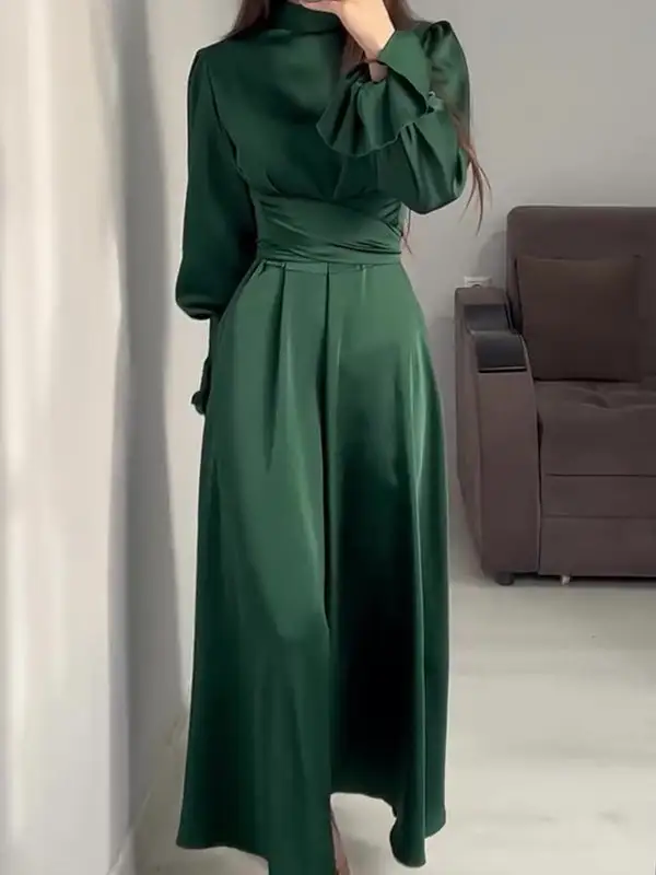 Sleeves Color Pleated Long Neck Maxi Dress