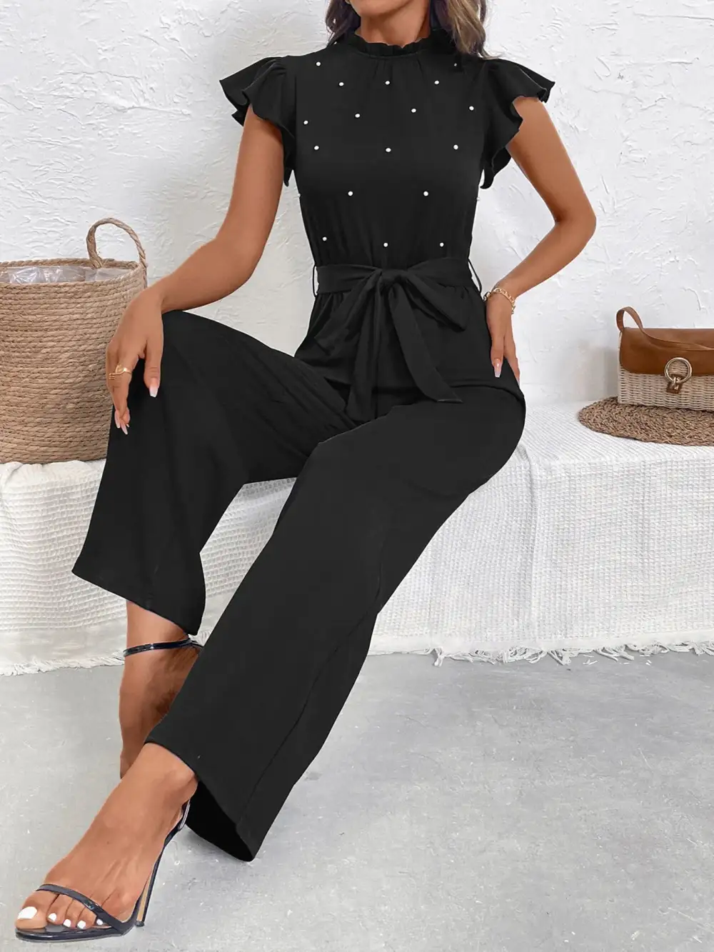 Pearl Detail Ruffled Cap Sleeve Jumpsuit Accessory