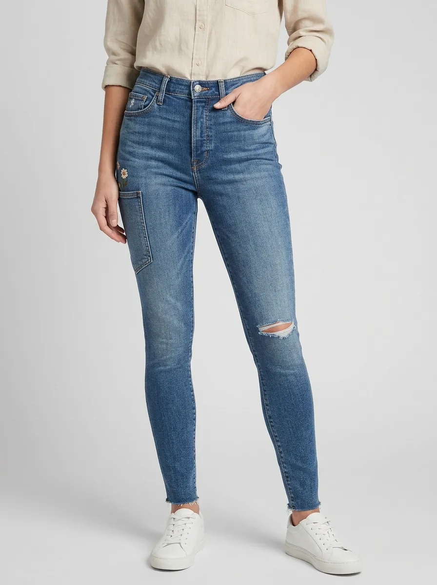 Women's Floral Embroidered Ripped Patchwork Slim Jeans