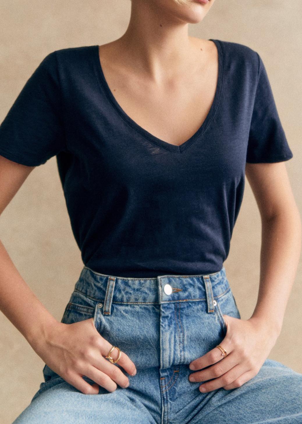 Short Cotton Solid Color V-neck T-shirt