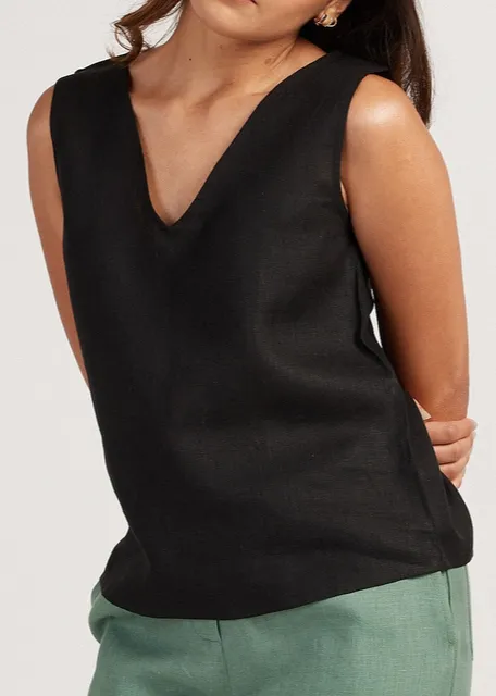 Black Linen V-Neck Tank