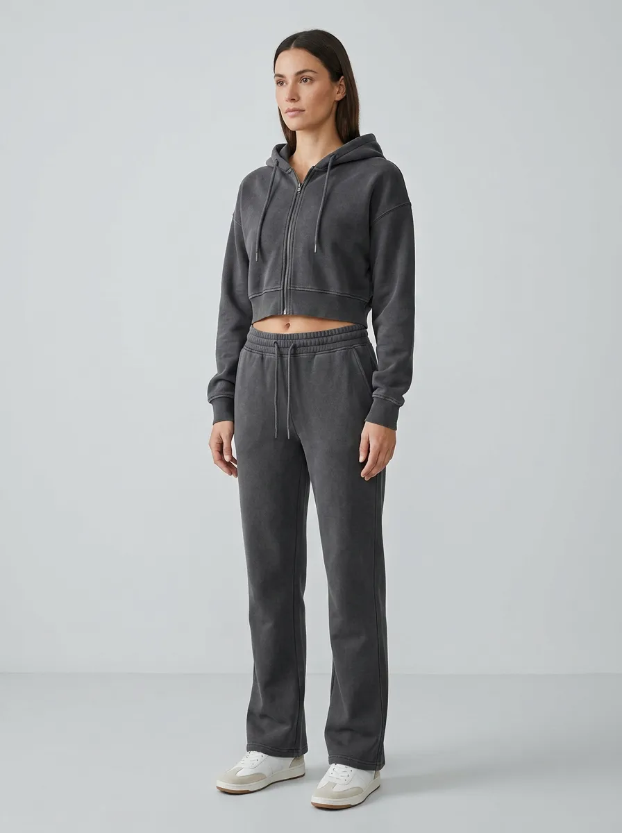 Women's Washed Vintage Inspired Sport Inspired Cropped Hooded Jacket and Flare Pants Active Set