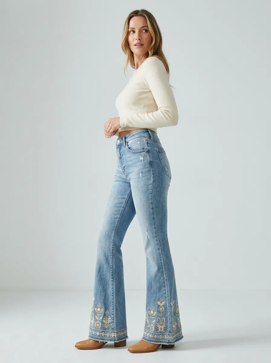 Women's Classic Boho Floral Embroidered High Rise Flare Jeans