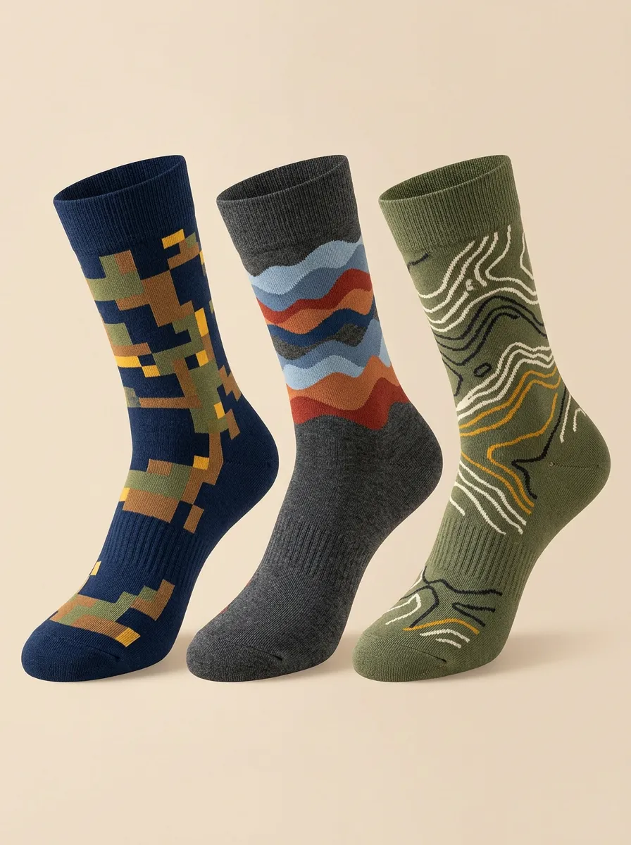 Men's Topographic Lines Stripes Crew Sock Trio