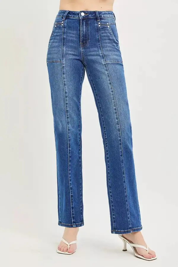 High Rise Patch Pocket Straight Leg Jeans