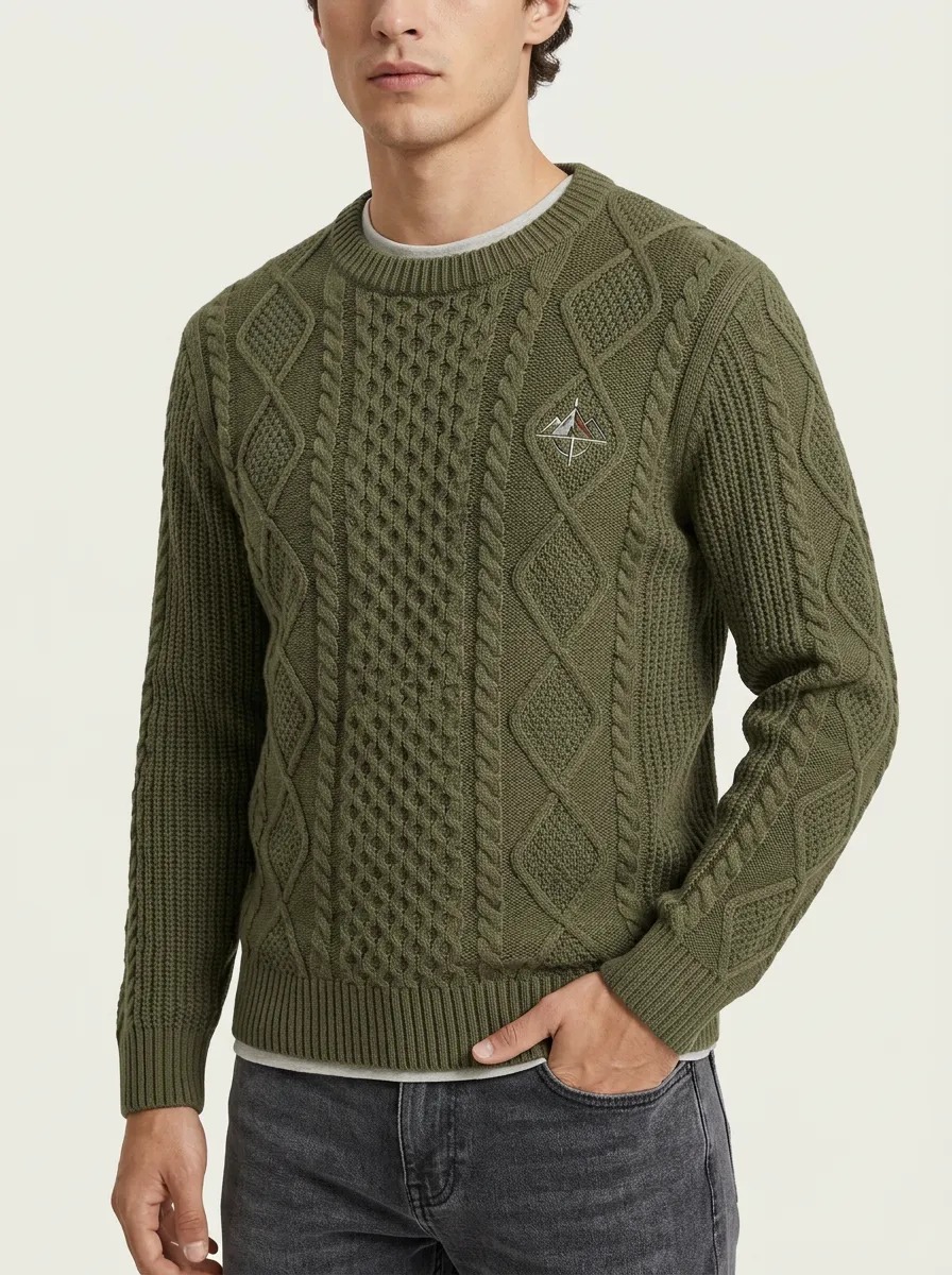 Men's Olive Green Cable-Knit Crewneck Sweater