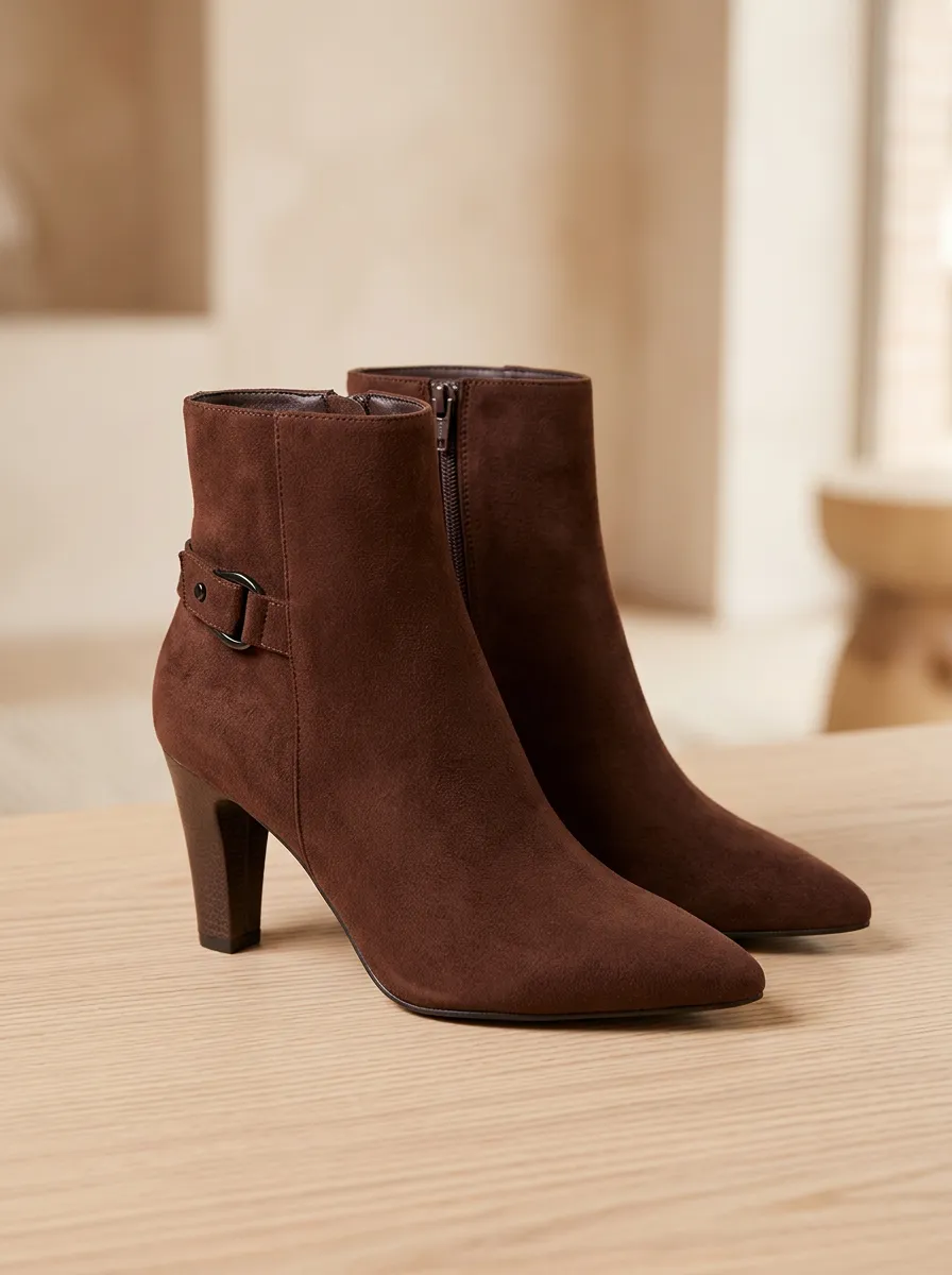 Buckle-Strap Buckle-Detail Pointed-Toe Women's High-Heel Ankle Boots