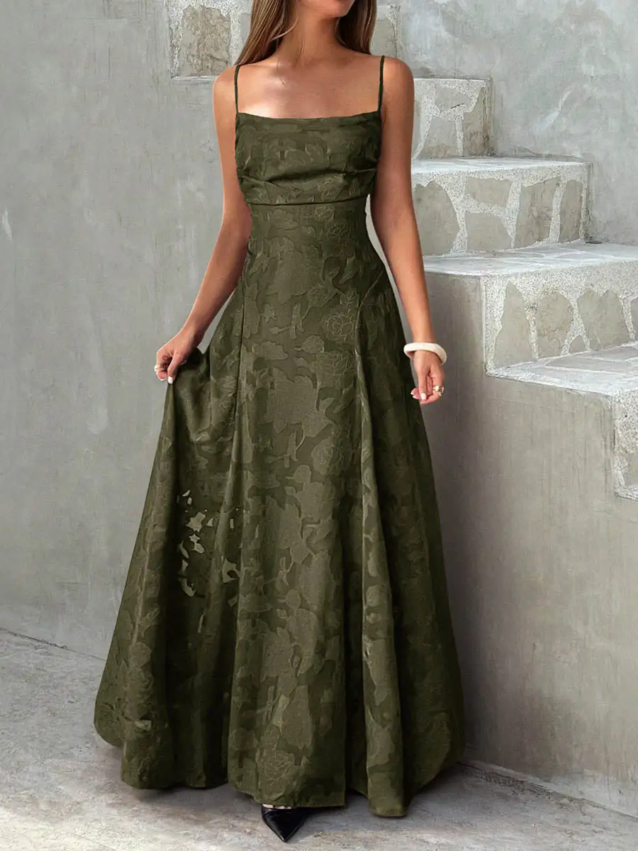 Jacquard Pleated Neck Maxi Dress