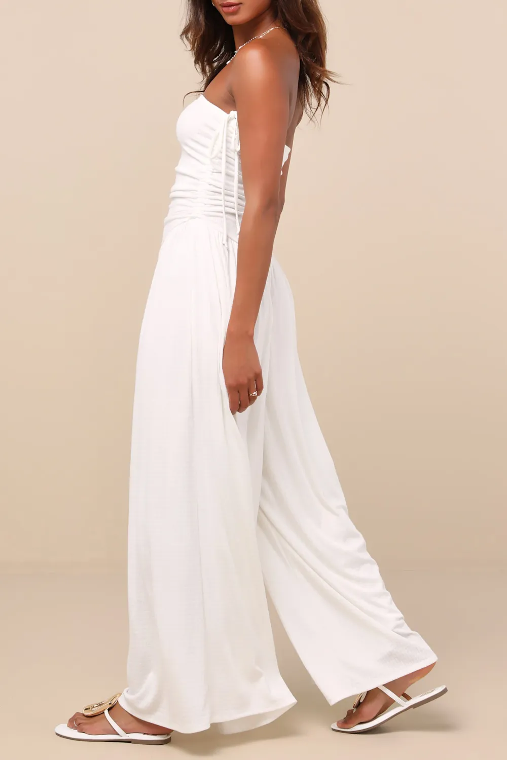 Casual Style Pointelle Strapless Wide-Leg Jumpsuit