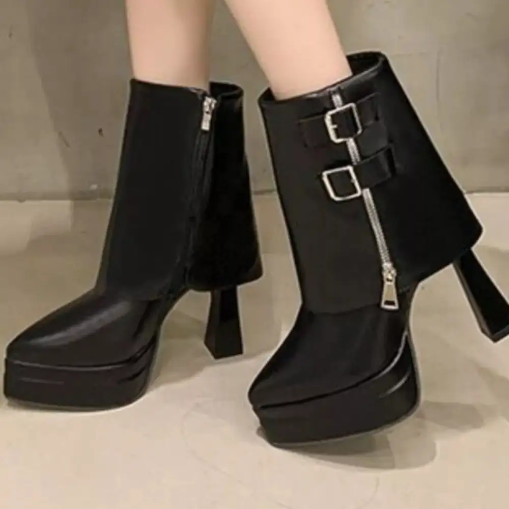 Buttoned Weekend Point Toe Block Heels Boots