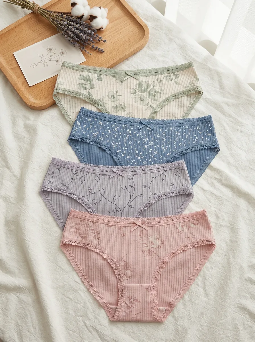 Women's Bow Detail Ribbed Floral Printed 4-Pack Underwear Set