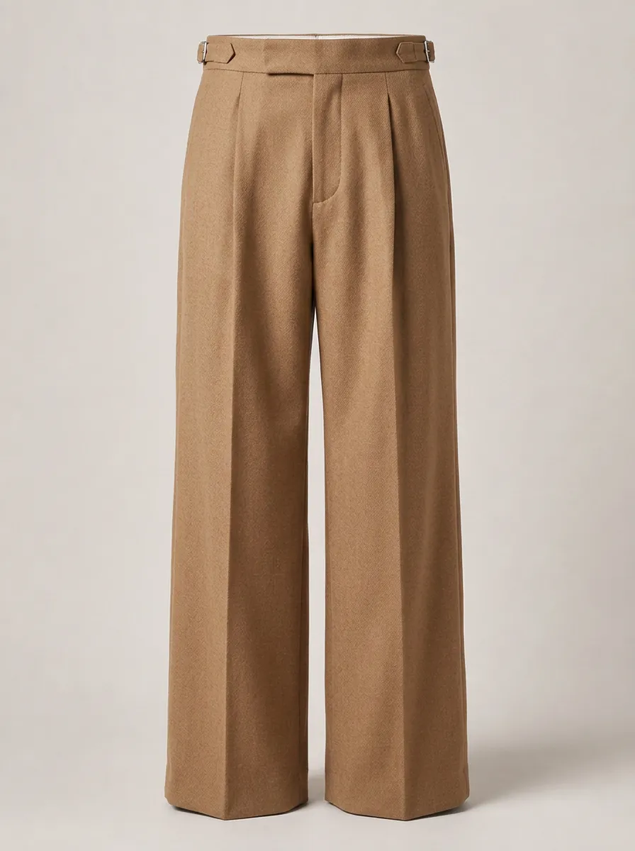 Men's Classic Camel Wool Blend Pleated Side-Adjuster Trousers