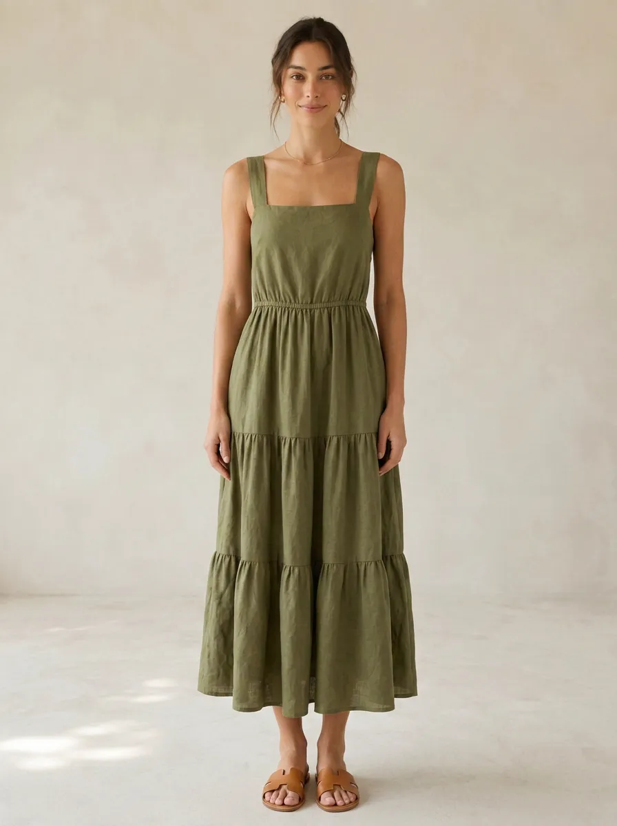 Women's Tiered Bow-Back Linen Backless Dress