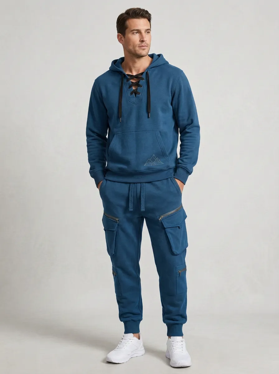 Core Lace-Up Multi Pocket Design Men's Lace Up Hoodie And Cargo Jogger Set