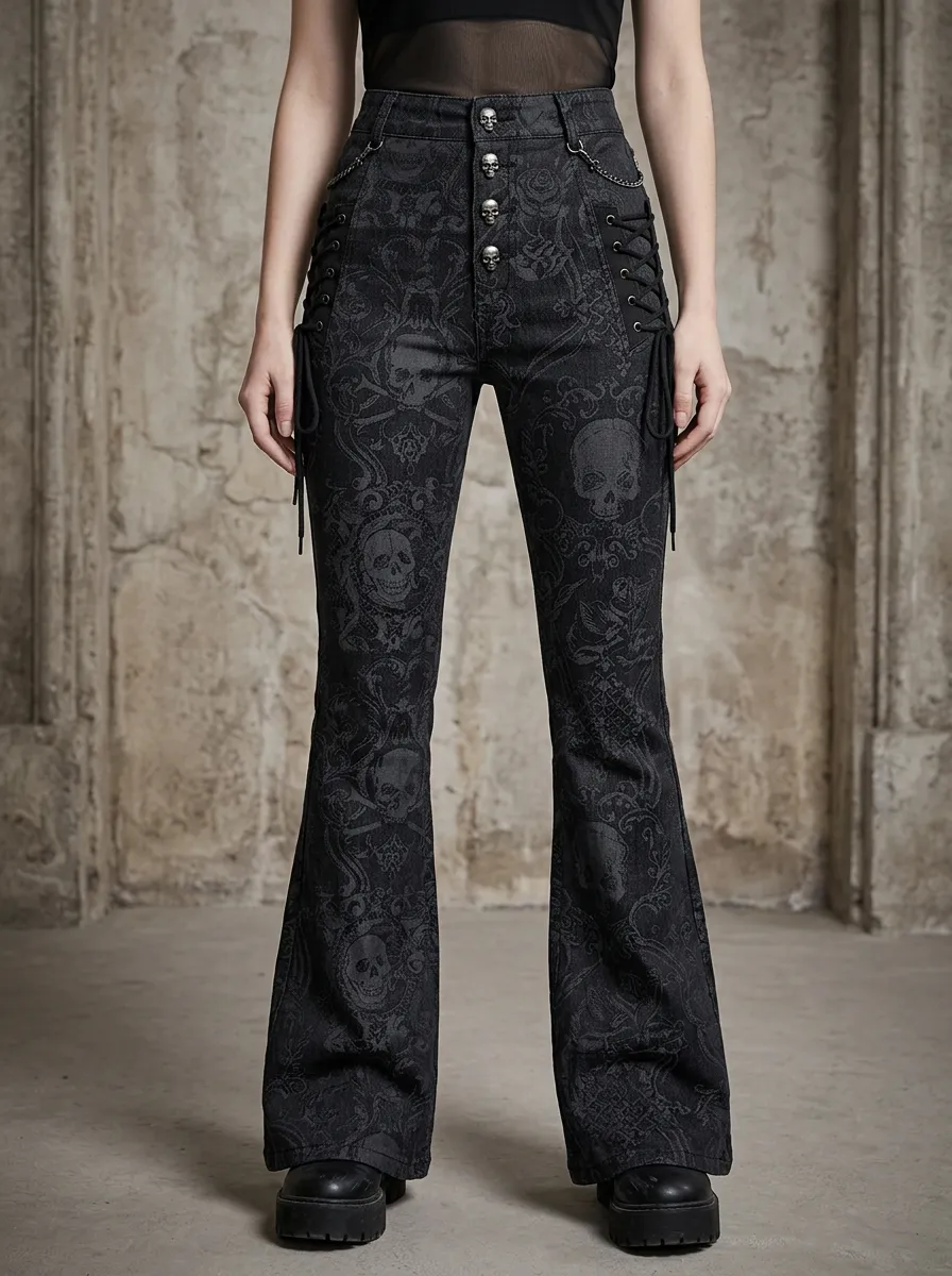Alternative Skull Damask Lace Collection Women's Gothic Flare Pants