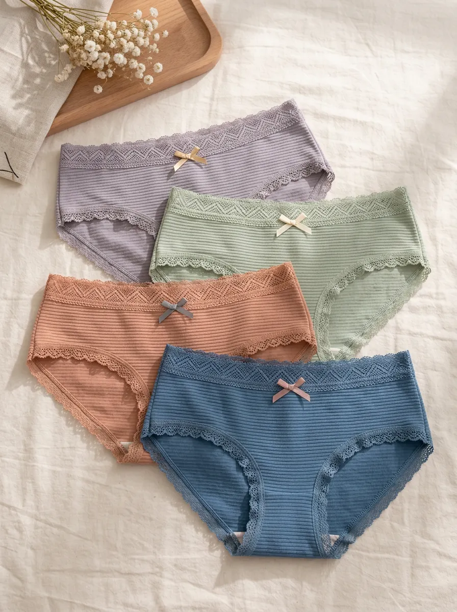 Women's Daily-Wear Ribbed Lace-Trim Briefs Set
