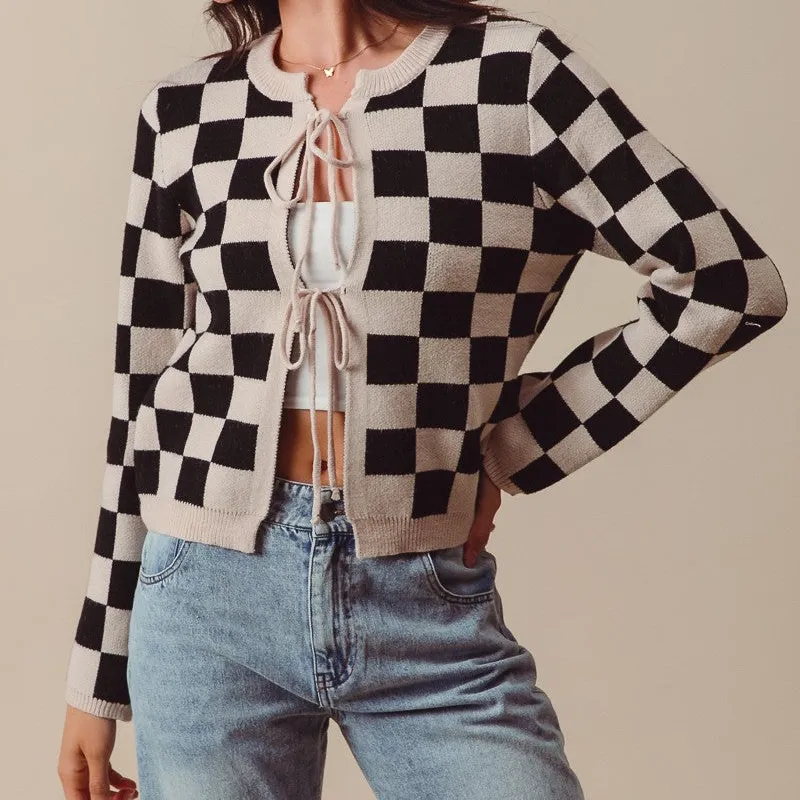 Open Front Ribbed Checkered Cardigan
