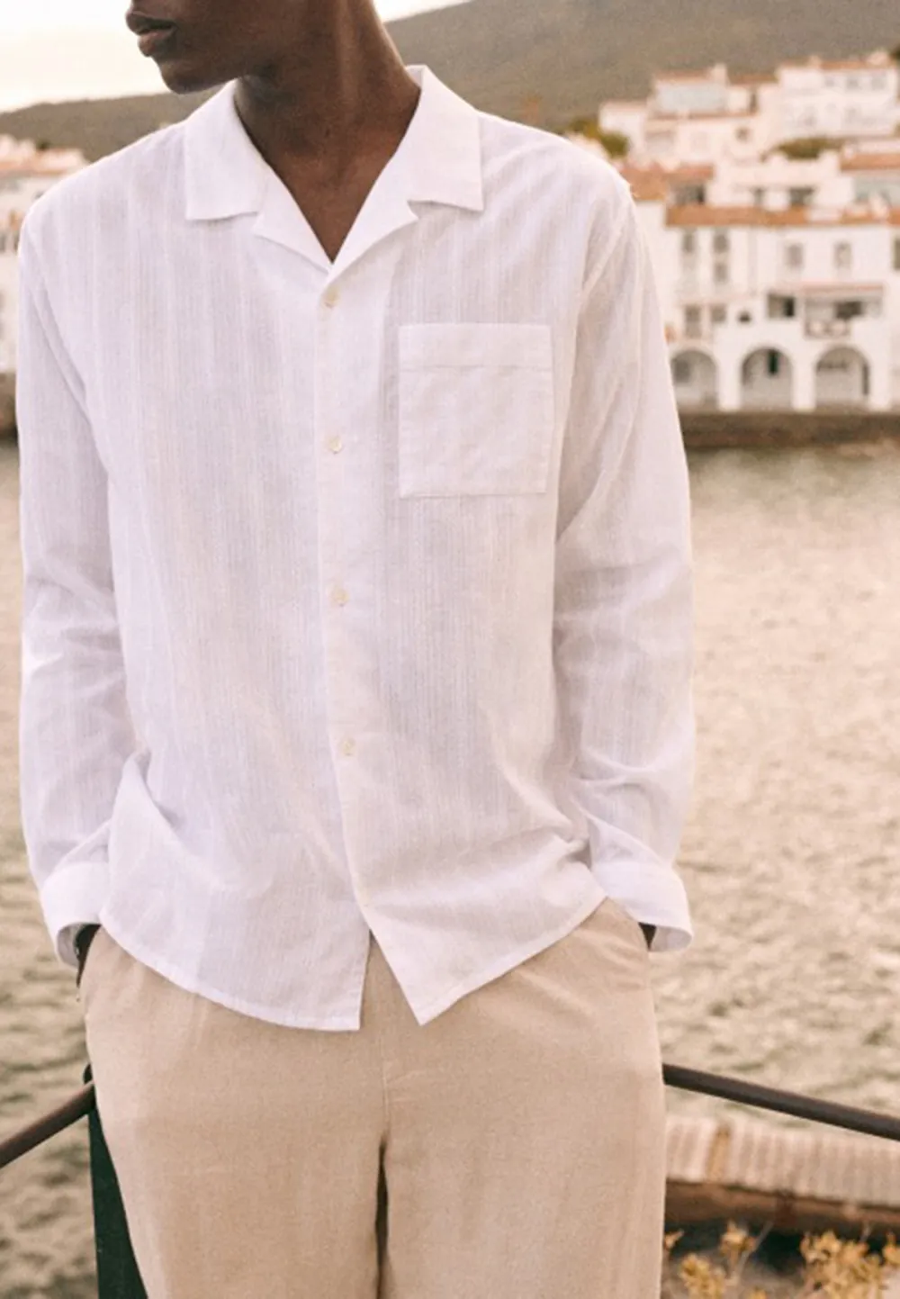 White Linen Blend Relaxed Fit Camp Collar Shirt