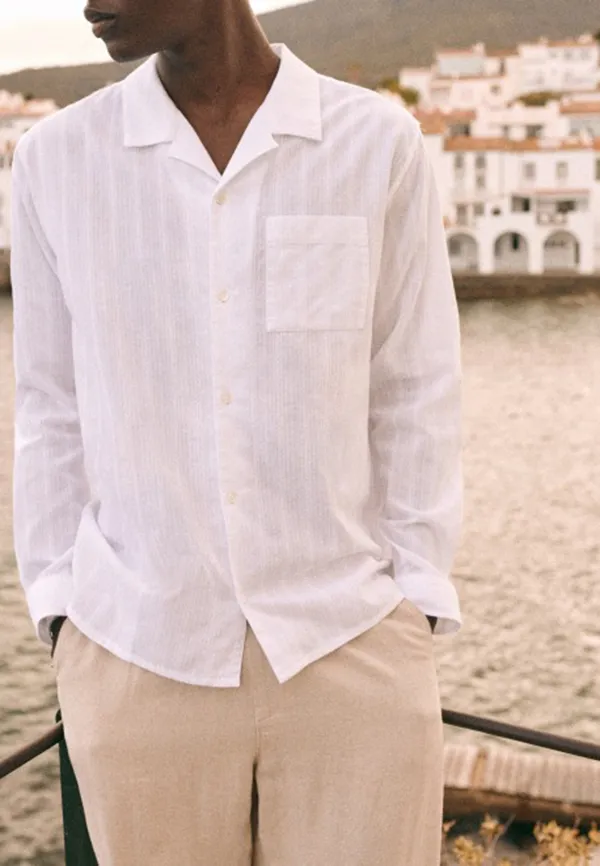 White Linen Blend Relaxed Fit Camp Collar Shirt