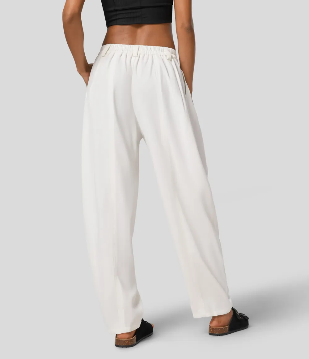Mid Rise Plicated Side Pocket Barrel Leg Work Pants