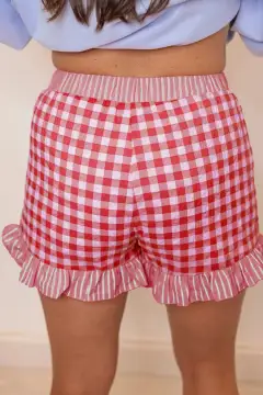 Elastic-Waist Gingham Print Ruffle Striped Detail Lace Tie Shorts