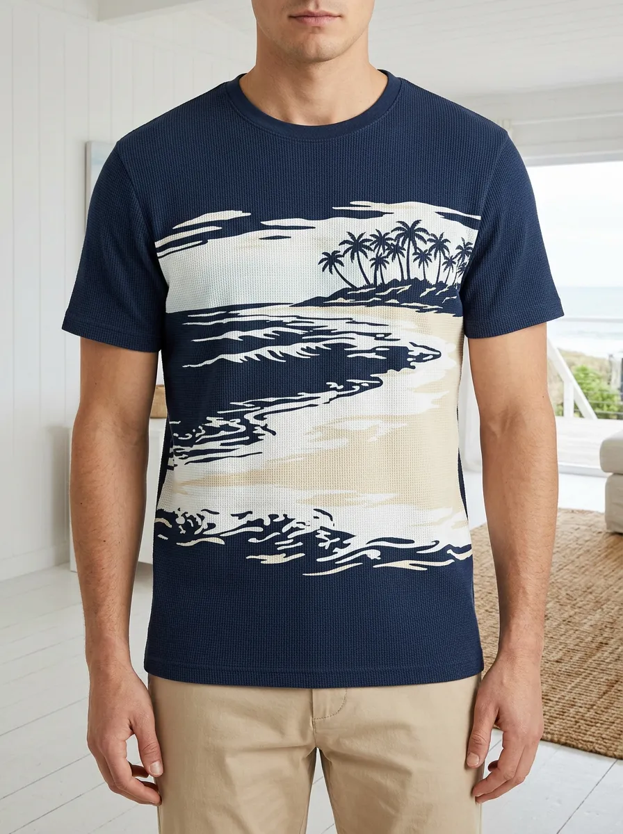 Men's Tropical Beach Palm Tree Waffle Knit Crew Neck T-Shirt