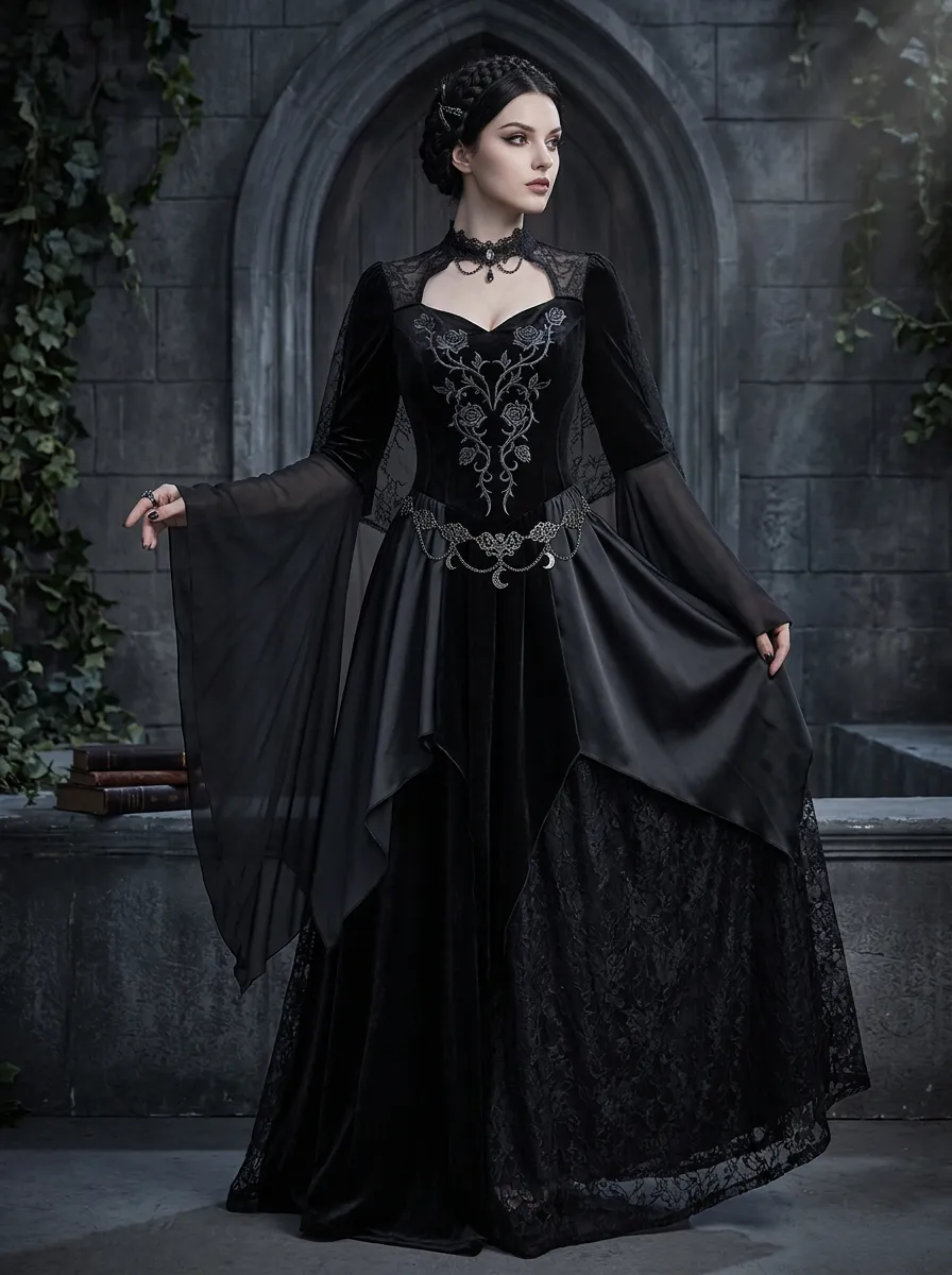 Dark Romantic Rose Floral Velvet Finish Women's Gothic Dress