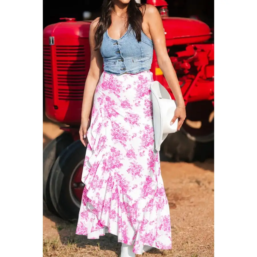Boho Floral High Waist Ruffle Split Maxi Skirt
