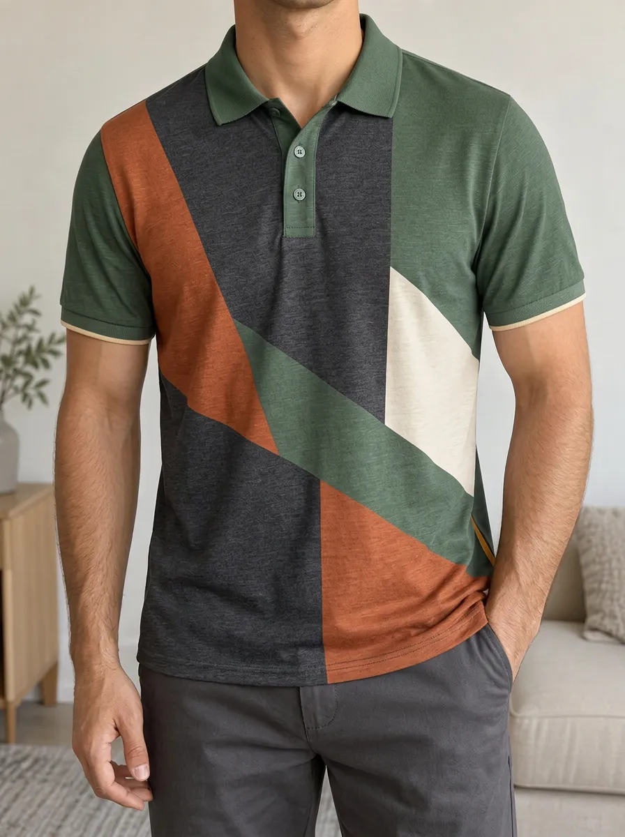 Men's Geometric Colorblock Pattern Printed Polo Shirt Modern Casual Style