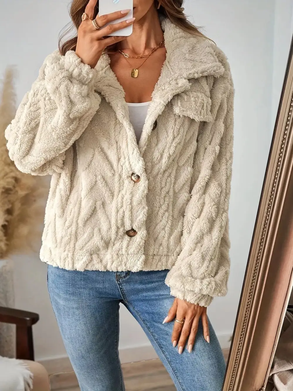 Cozy Textured Fleece Button-up Outerwear