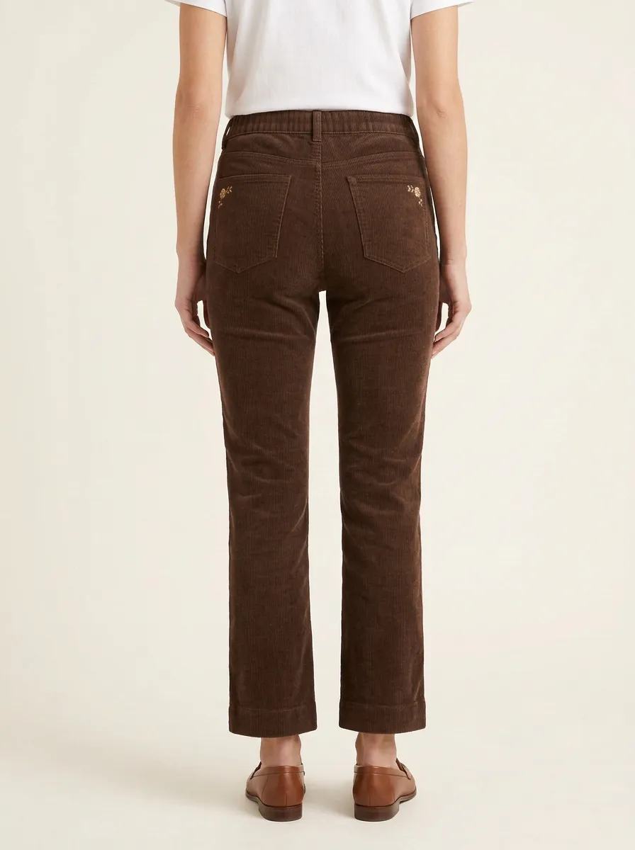 Women's Floral Embroidered Five-Pocket Flare Corduroy Pants
