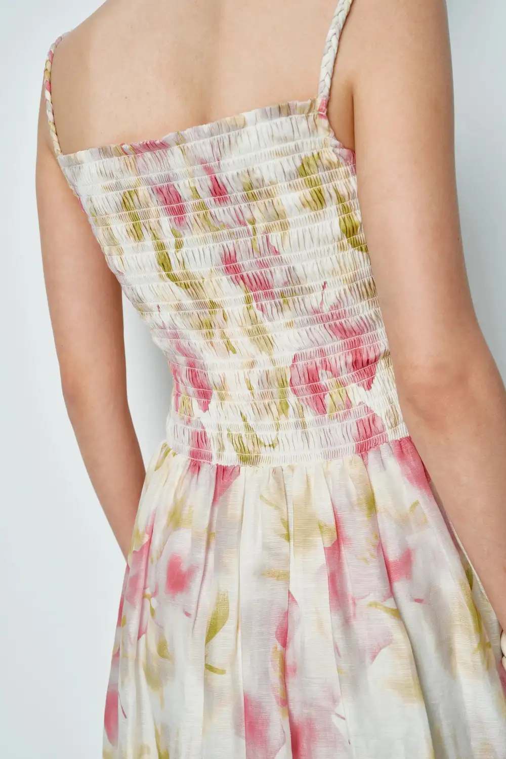 Shirred Handcrafted Silk Linen Blend Maxi Dress
