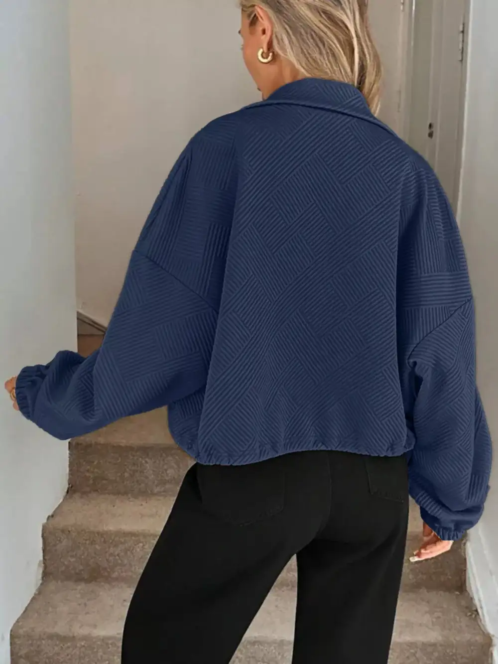 Drawstring Hem Textured Long Sleeve Jacket