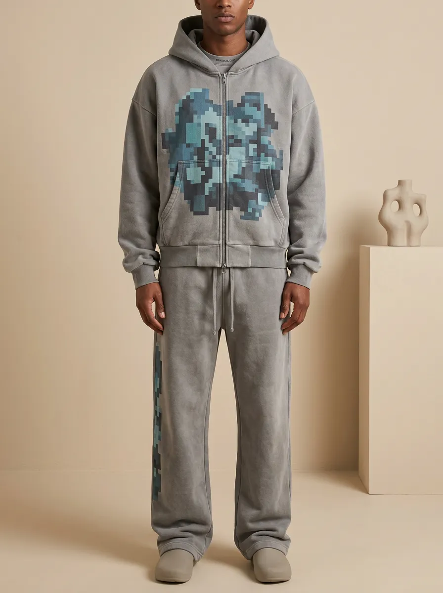 Men's Streetwear Pixel Art Graphic Printed Hooded Tracksuit