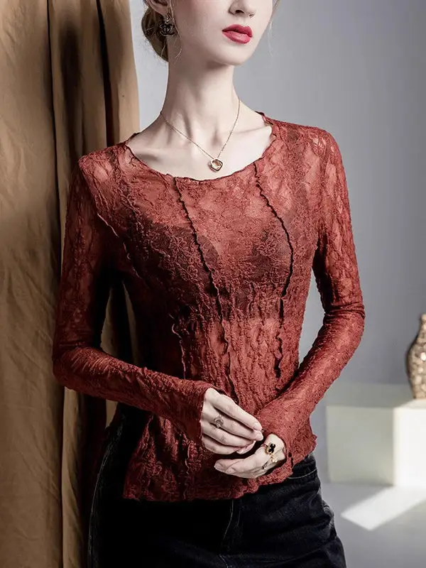 Asymmetric Long Sleeve Sheer Panel Detail Textured Round Neck T-Shirt