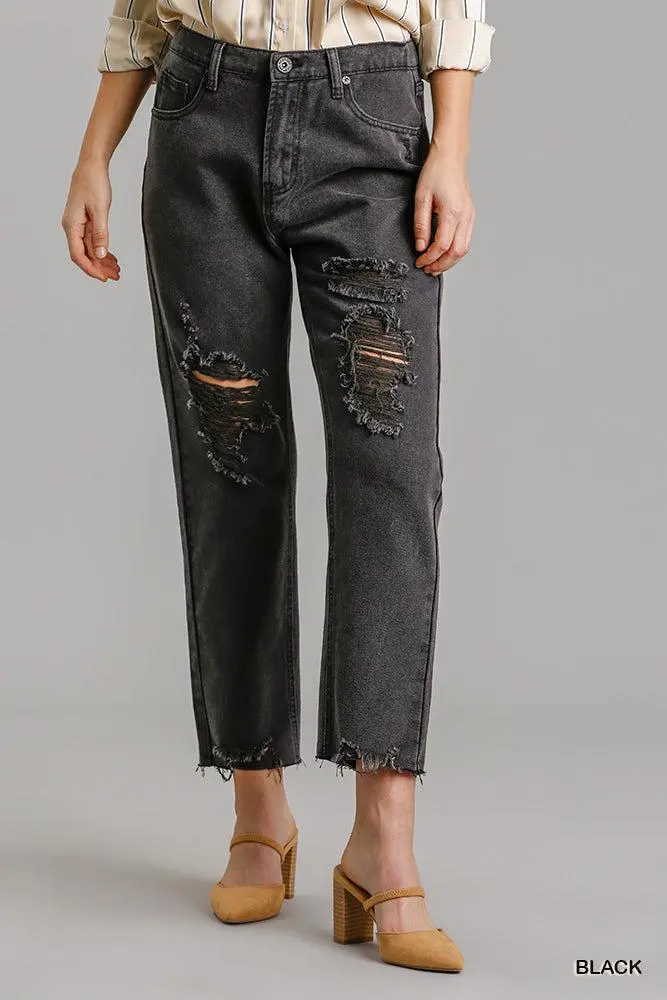 Raw-Hem Distressed Pocketed Stretch Straight Leg Jeans