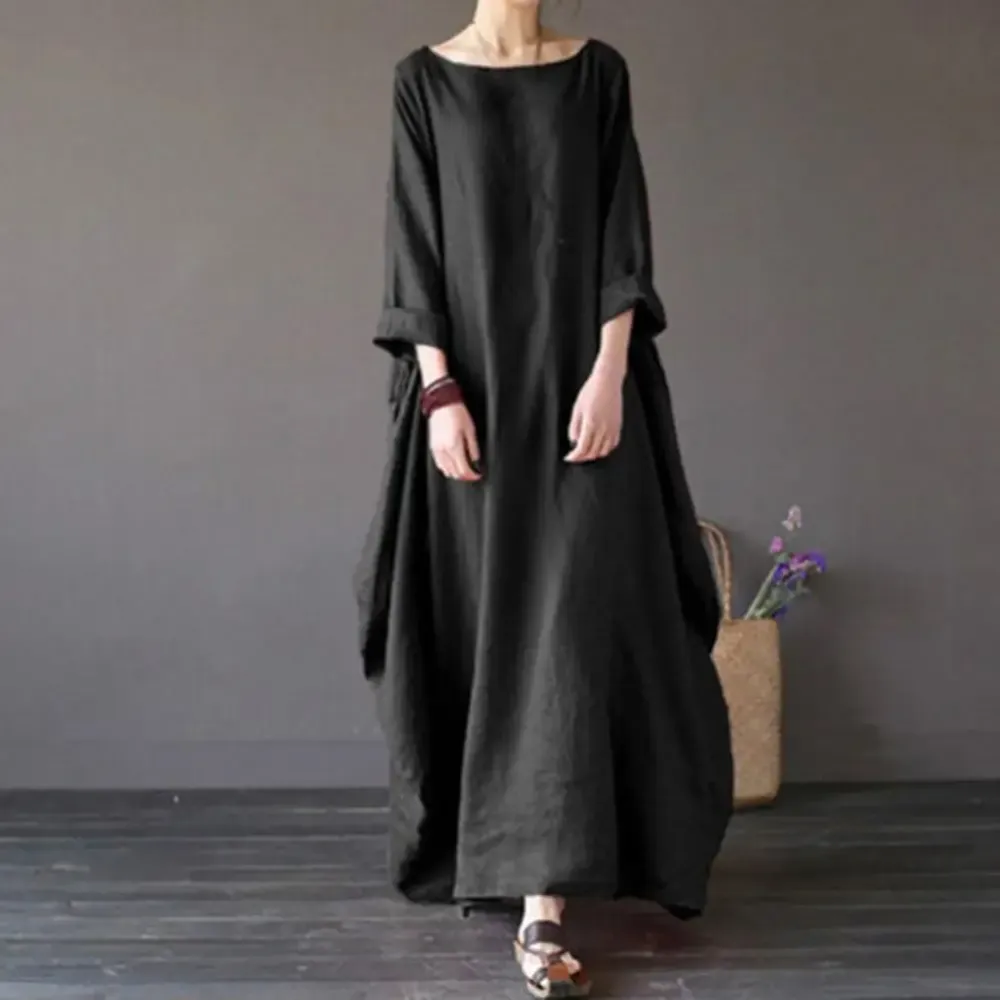 Linen Blend Cotton Blend Maxi Side Slit Dress